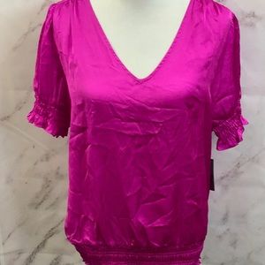 NWT- Vince Camuto Womens Smocked Silk V Neck Top